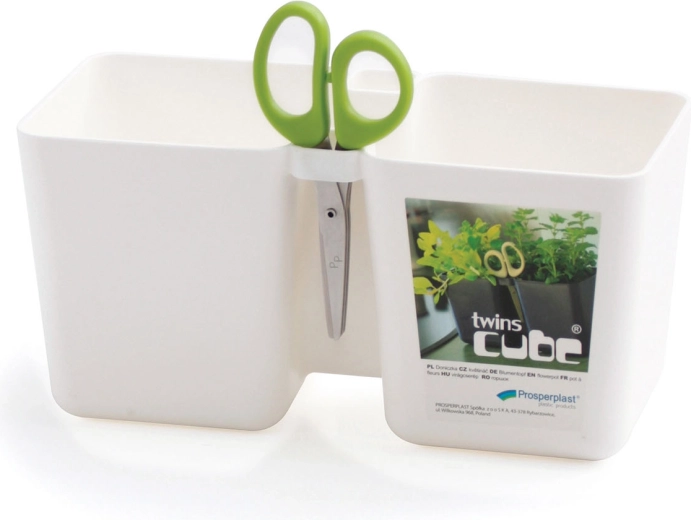 Maceta Twins Cube blanca para hierbas 24,4 cm con tijeras de jardinería