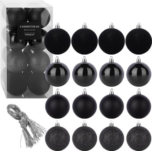 Bolas navideñas irrompibles negras de 8 cm, 16 uds.