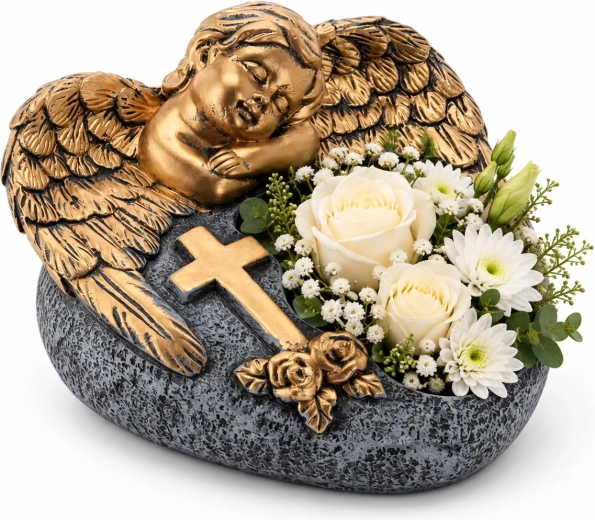 Macetero cementoso para cementerio con ángel, gris oscuro y dorado, 16 × 17,5 × 11 cm