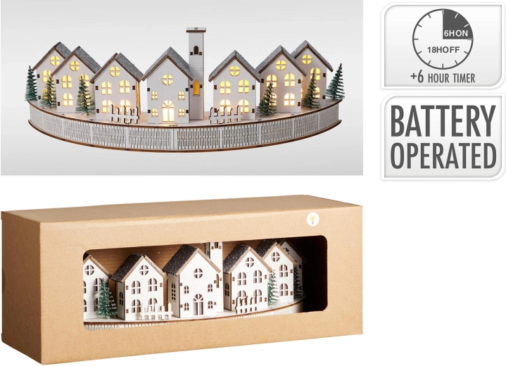 Decoración navideña de madera con LED, casitas con temporizador 36 cm - 1 pieza