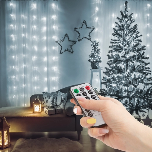 Cortina luminosa con 100 micro LED en blanco frío, 3 × 1 m con mando a distancia
