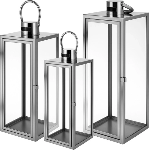 Juego de faroles plateados de acero inoxidable y vidrio RUHHY 38/49/63 cm - 3 uds