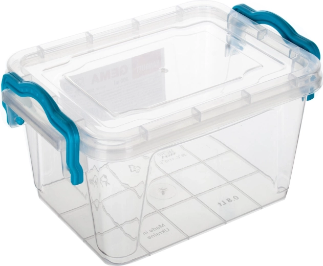 Caja de almacenamiento Gema 0,8 l con tapa y clips, transparente/turquesa