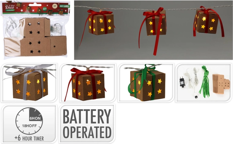 Iluminación LED navideña de cajas de regalo 1,2 m con temporizador, blanco cálido