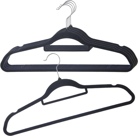Perchas para ropa de terciopelo negras, gancho giratorio, 45 × 23,5 cm, set de 5 uds.