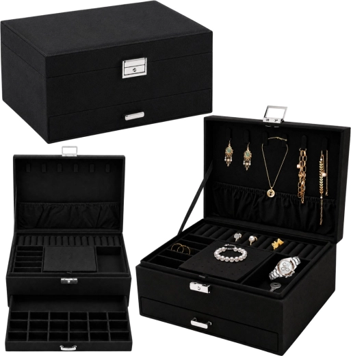 Joyero de terciopelo negro – organizador de joyas con cajón y llave