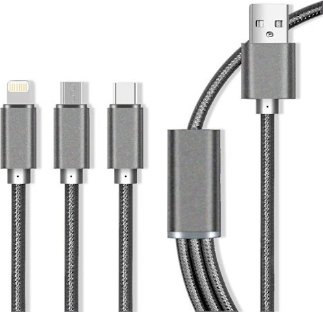 Cable de nylon Maxlife 3 en 1 con carga rápida 2,1 A – Lightning/USB‑C/microUSB, gris
