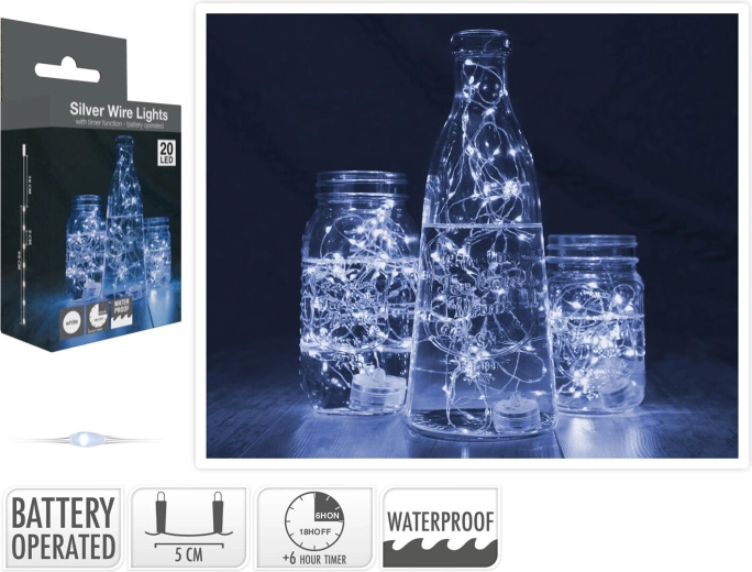 Guirnalda luminosa de 1,3 m, 20 LED blanco frío, impermeable con temporizador