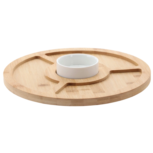 Bandeja de servir de bambú con cuenco de porcelana, 4 secciones, 28 cm