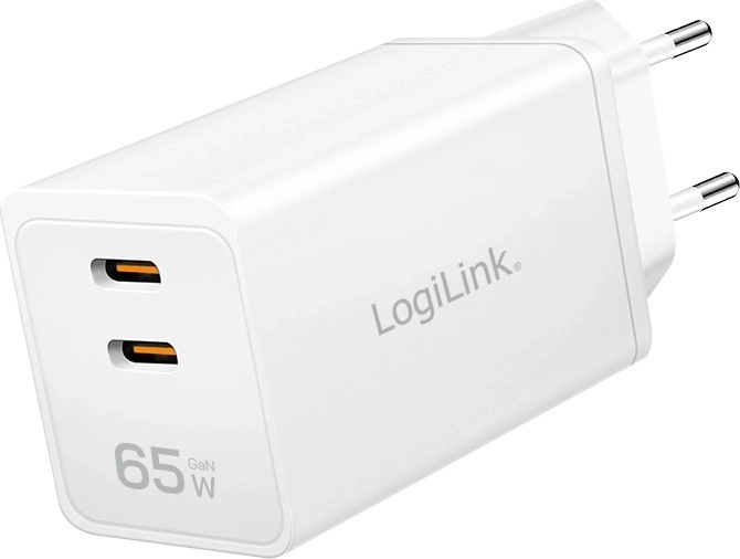 Cargador de red LOGILINK 65 W con 2× USB‑C, blanco