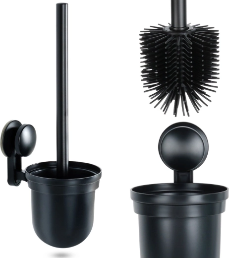 Escobilla de WC de silicona con soporte de pared y bandeja de goteo, negra