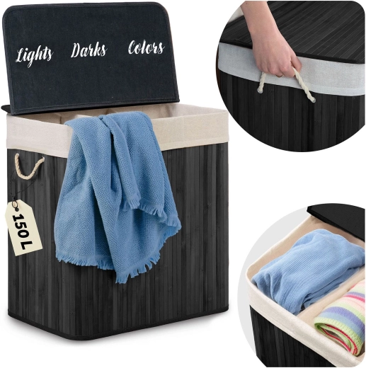 Cesto de bambú para la ropa con tapa 150 l, 3 compartimentos
