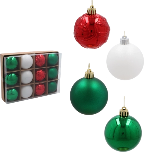 Set de bolas navideñas de 6 cm – rojas, verdes y blancas, irrompibles, 12 uds.