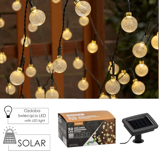 Guirnalda luminosa solar de exterior Bubble 50 LED blanco cálido 9,35 m