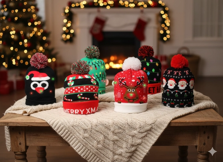 Gorro navideño de invierno con LED, mix de diseños (set de 8 uds.)