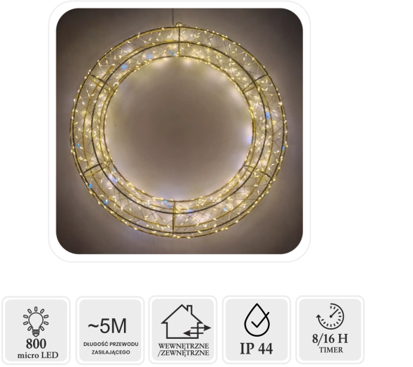 Corona navideña LED 50 cm, 800 micro LED blanco cálido + flash frío - 1 unidad