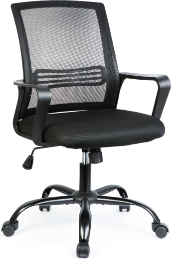 Silla de oficina giratoria negra con reposabrazos fijos