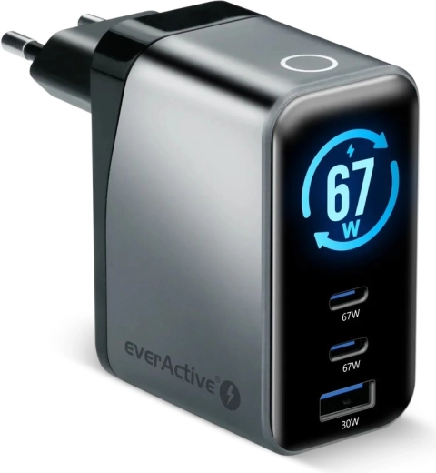 Cargador EverActive GaN de 67 W con LCD (2× USB-C + USB-A)