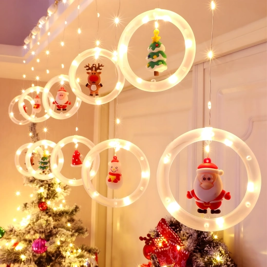 Cortina de luces LED con aros y figuras navideñas - 1 unidad