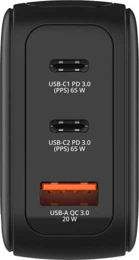 3 puertos para carga simultánea hasta 65 W