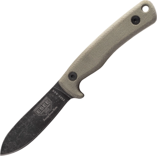 Cuchillo de caza ESEE AGK, 9 cm, Black Stonewash, Micarta gris, funda de cuero
