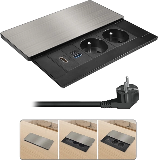 Bloque empotrable de enchufes Solight con tapa corredera, HDMI y carga USB de 20 W PD, plateado