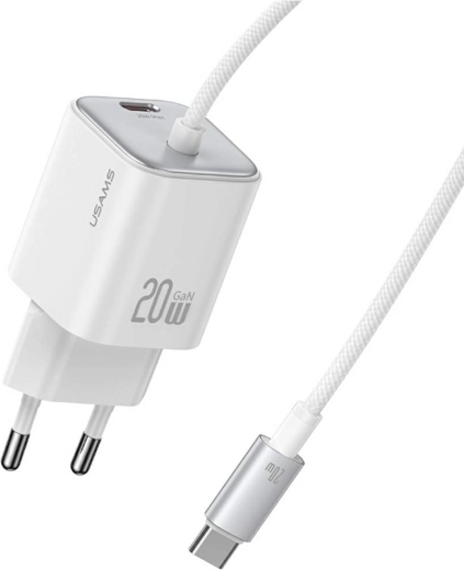 USAMS serie JC cargador mini GaN de 20 W 2× USB‑C con cable USB‑C integrado blanco