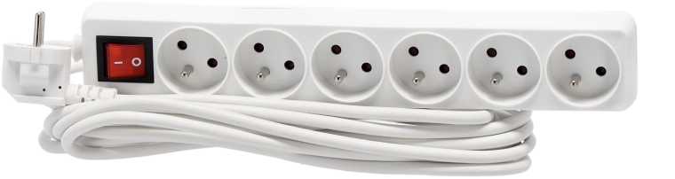 Regleta alargadora con protección contra sobretensiones con interruptor, 6 tomas, 5 m, blanca