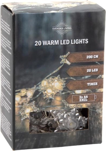 Guirnalda de luces con temporizador, 20 LED en forma de copos de nieve, 200 cm