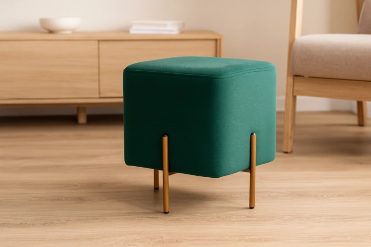 Taburete cuadrado de terciopelo sobre patas metálicas, verde oscuro 35 × 35 × 40 cm