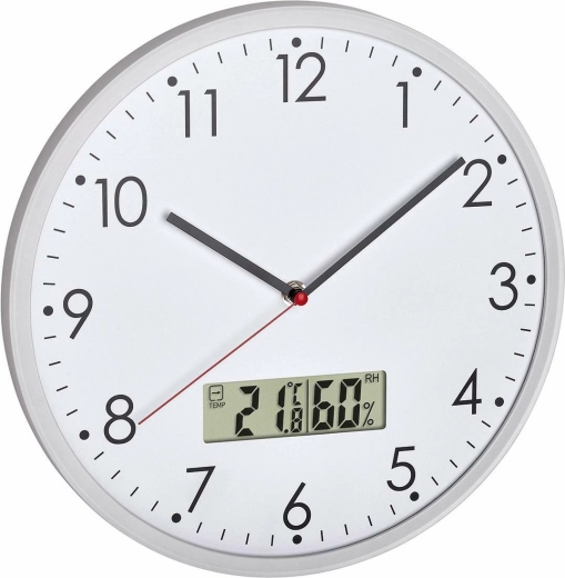 Reloj de pared analógico TFA con termómetro e higrómetro digitales, blanco