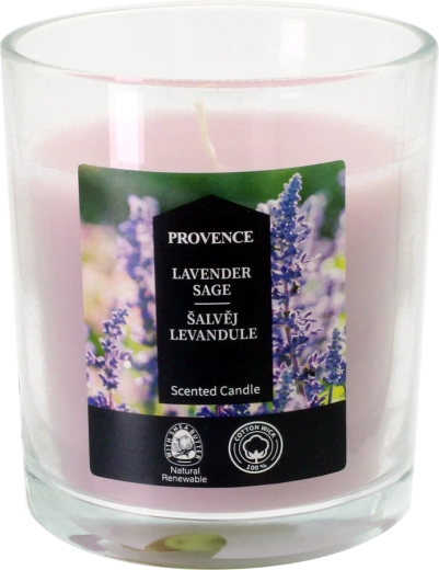 Vela aromática en vaso de vidrio salvia y lavanda 7 × 8 cm