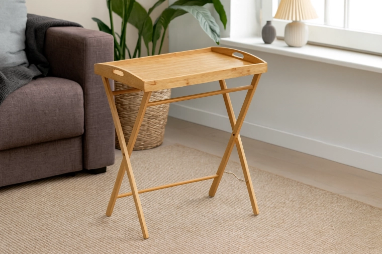 Mesa auxiliar plegable de bambú para servir con bandeja extraíble 49 × 35 × 59 cm
