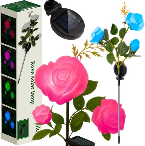 Lámpara solar de jardín rosa LED, 3 flores artificiales