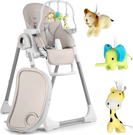 Nukido Belo multifuncional: silla alta infantil y hamaca con bandeja y arco con juguetes, gris