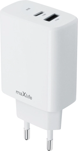 Cargador de red MAXLIFE 30 W con USB‑C PD y USB‑A QC, blanco