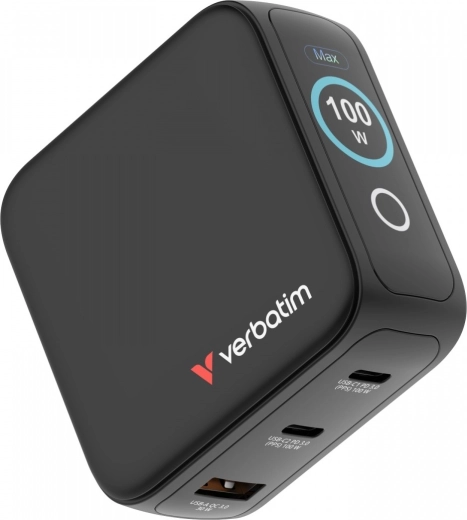 Cargador mini GaN Verbatim de 100 W con pantalla TFT inteligente, 2× USB-C + USB-A, adaptadores EU/UK/USA