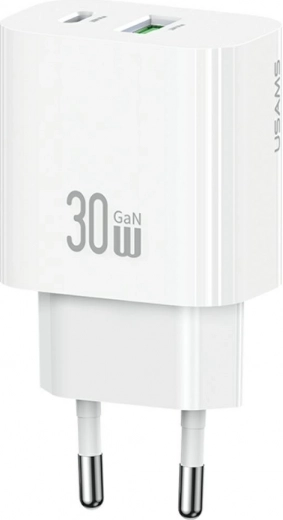 Cargador de pared 30 W con 1× USB‑C y 1× USB‑A para carga rápida, blanco