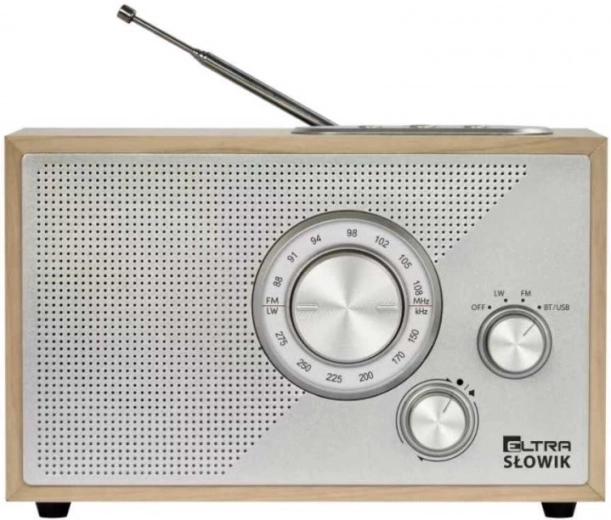 Radio de sobremesa Słowik con USB y Bluetooth, madera marrón claro