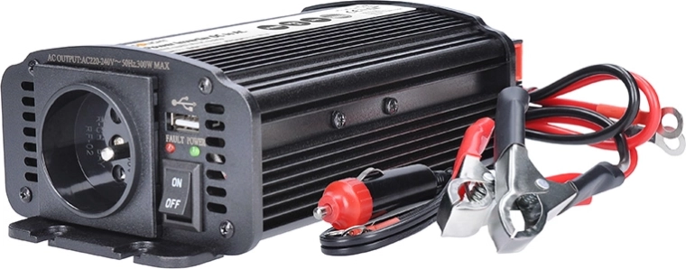 Solight convertidor de tensión (inversor) 12 V a 230 V, 300 W, USB, metálico, negro