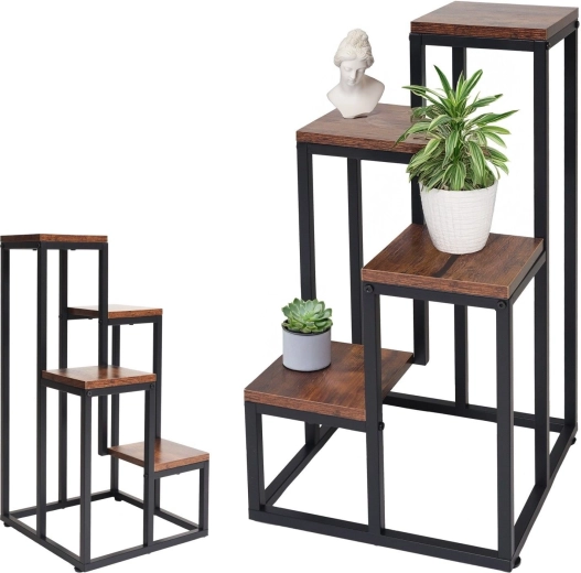 Soporte para plantas metálico de 4 niveles en acabado roble antiguo - 1 unidad