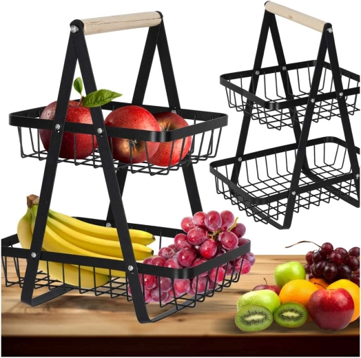Cesta metálica de dos niveles para frutas con asa de madera