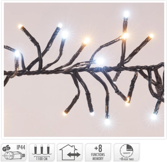 Cadena de luces navideñas 11 m, 1512 LED, blanco cálido, 8 funciones, IP44, con temporizador - 1 pieza