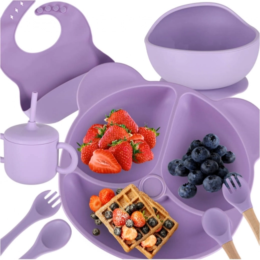 Juego de comedor de silicona para niños, 8 piezas, morado