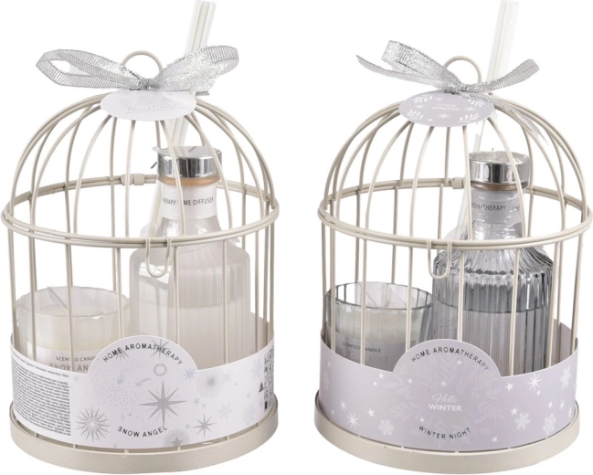 Set de regalo: difusor de aroma y vela en jaula metálica blanca