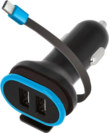 Cargador de coche FOREVER con cable USB‑C, 2× USB, 3 A