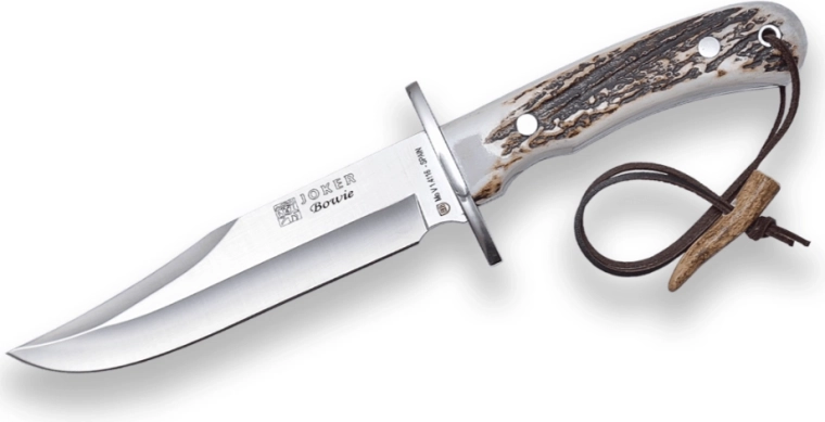 Cuchillo de caza Bowie Joker CC96 16 cm, empuñadura de asta, funda de cuero
