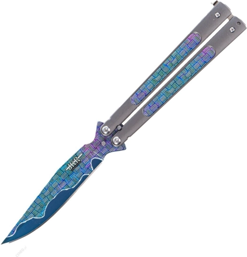 Cuchillo mariposa plegable JOKER Butterfly, 10,8 cm, todo metálico, acabado arcoíris
