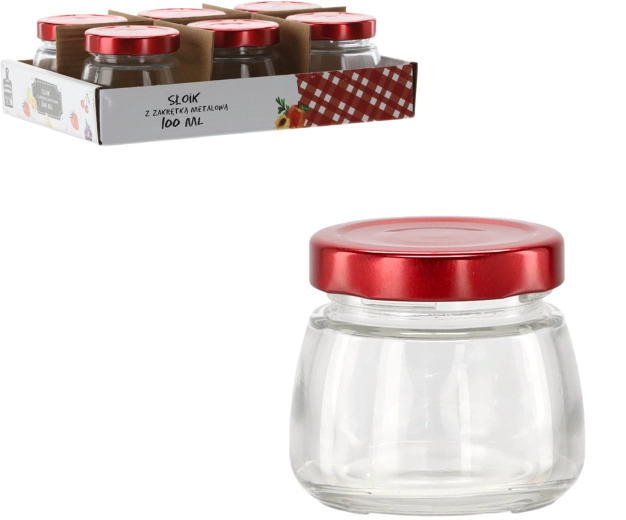 Tarro de vidrio de 100 ml con tapa metálica roja