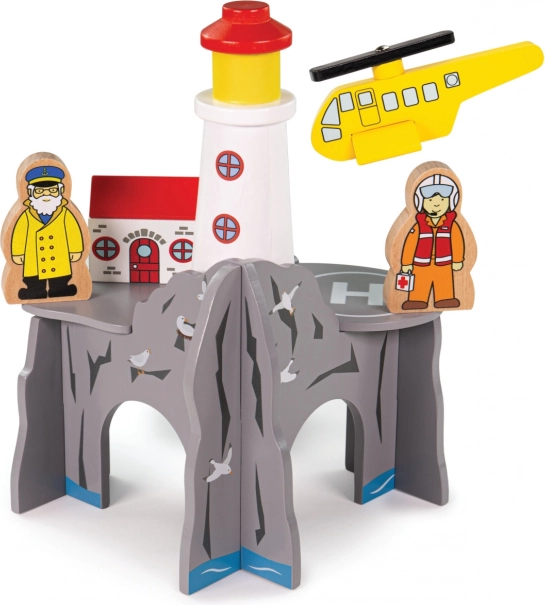 Bigjigs Rail túnel con faro y helipuerto – set de madera para vía de tren